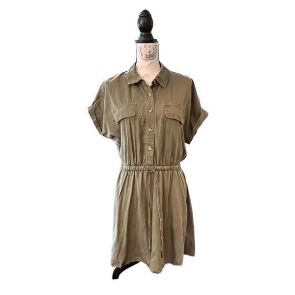 Tommy Hilfiger Utility Dress 10 Army Green Short Sleeve Drawstring Waist TENCEL - Picture 1 of 16